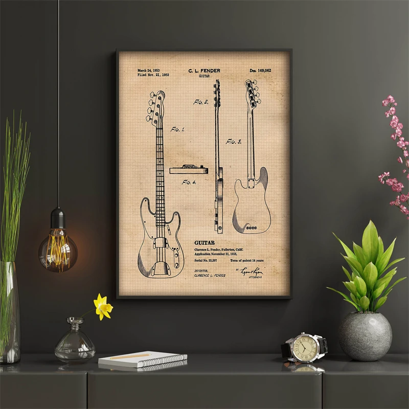 Vintage Electric Bass Guitars Patent Prints Wall Room Canvas Poster Aesthetics Art Decor Student Teacher Music Leo Fender Fan