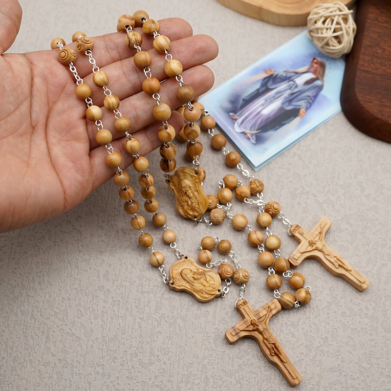 Hail Mary Olive Wood Crucifix Rosary Exorcism Necklace Prayer Beads Fashion Men Women Religious Jewelry Gifts