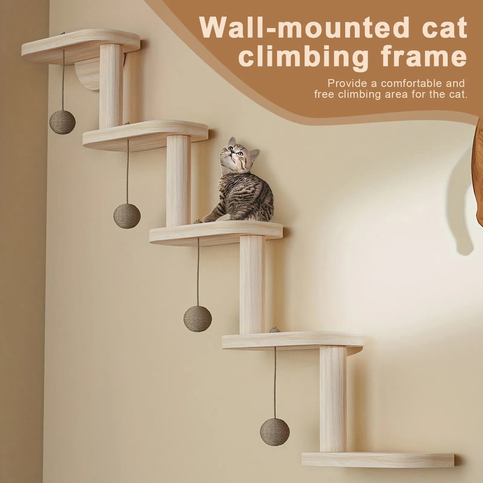 Wandmontiertes Katzen-Klettergerüst aus Holz mit Kletterplattformen, Liegeflächen, Bällen, Holz-Katzenmöbel für Kätzchen, Platzsparend