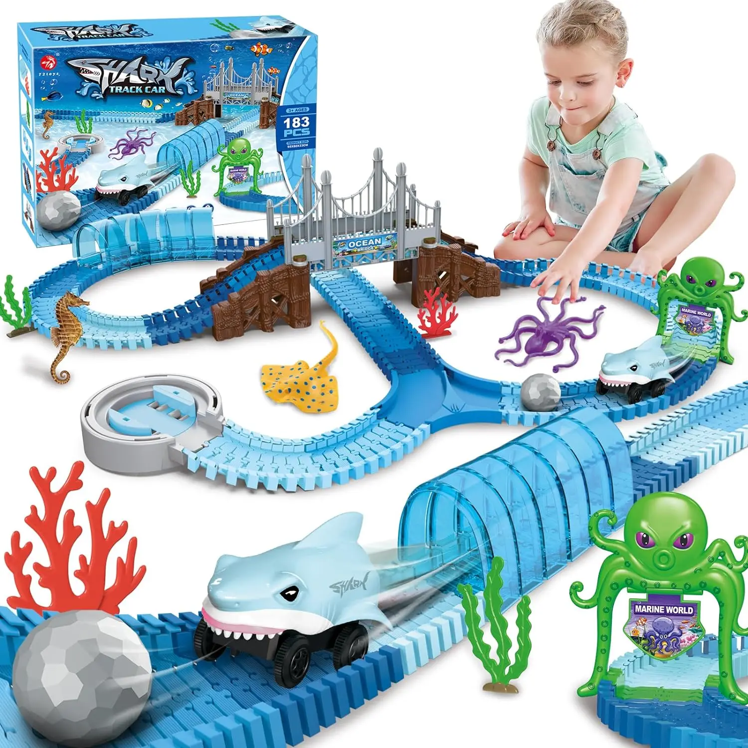 VATOS Track Toys Shark Race Car Toy for Boys Girls Age 3+ Bendable Flexible Racetrack Cars Ocean Train Toy STEM Educate Kid Set