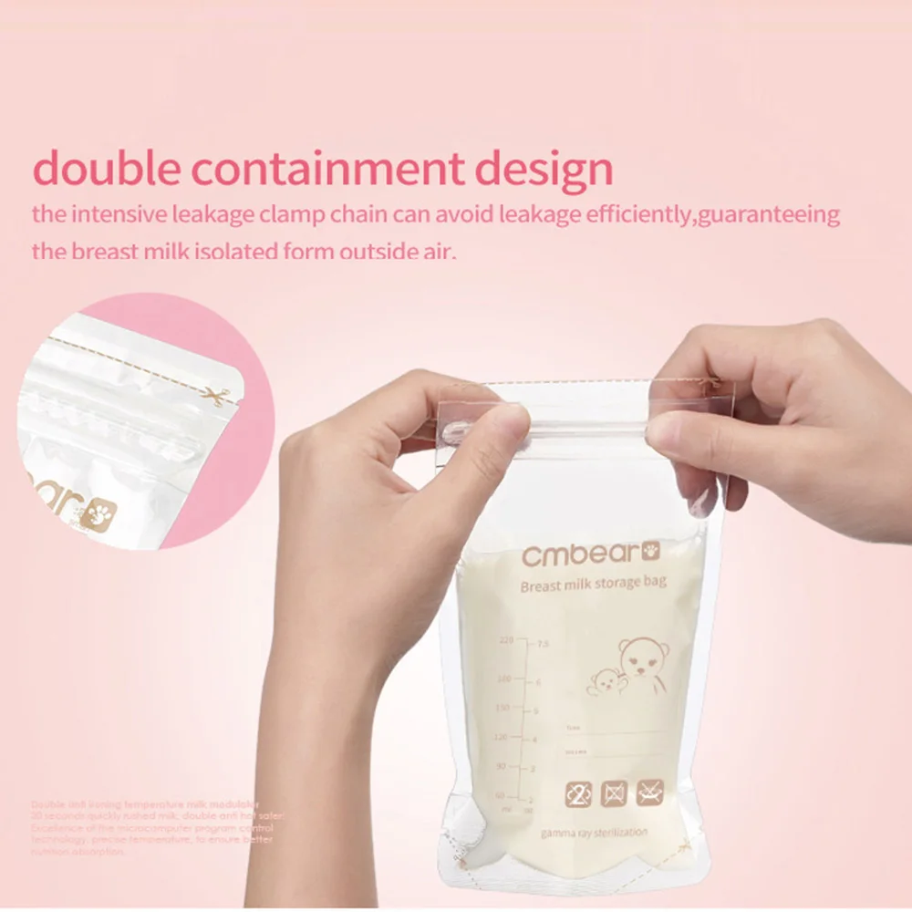 Cmbear Breastmilk Storage Bags 60pcs Breast Milk Storing Bags 220ml/ 7.5oz Capacity Pre-Sterilized BPA Free Double Zipper Seal