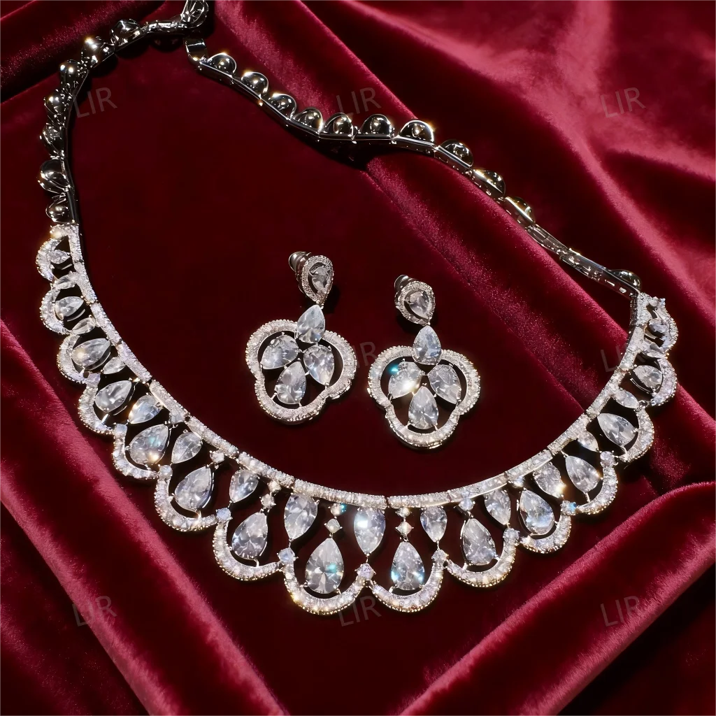 LIR Women's Custom Jewelry Set: Italian Vintage Court Petal Crown Gem Necklace, Sparkly Teardrop Wheat Zircon Earrings