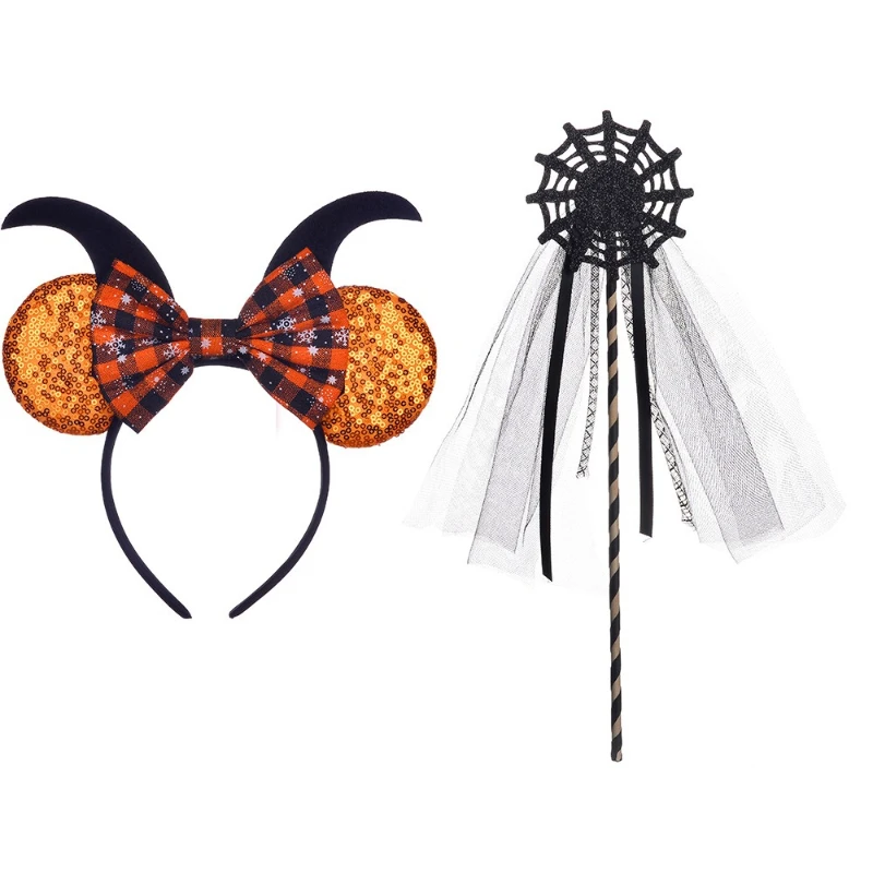 Ensemble complet d'accessoires de Noël : Serre-tête à nœud pailleté, Baguette de sorcière classique pour célébrations, défilés, Halloween, hiver, fantaisie, cosplay et décoration