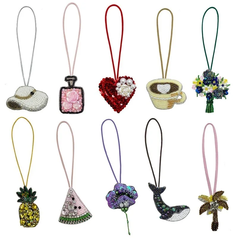 

3D Rhinestone Beaded Fruits, flowers, coconut trees hanging rope Patches Crystal Bag lanyard Patch beading Applique Patch