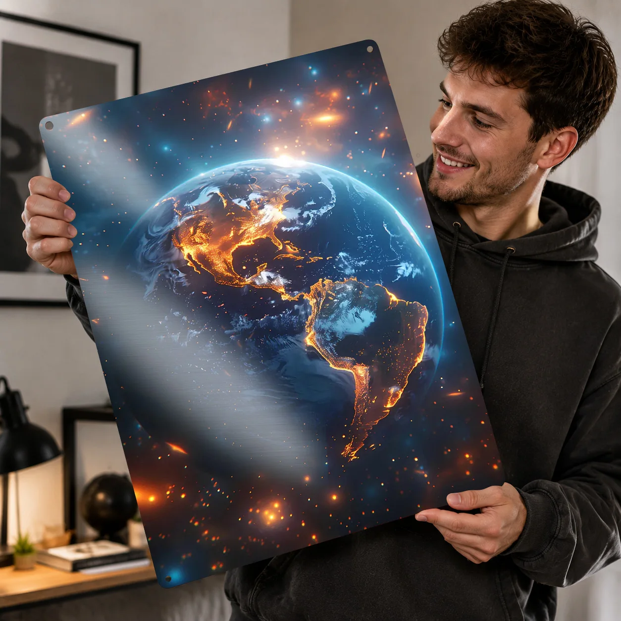 Earth From Space Glowing Globe Citylights Galaxy Metal Poster Perfect Gift for Fans Lovers Personalized Wall Art Metal Sign for