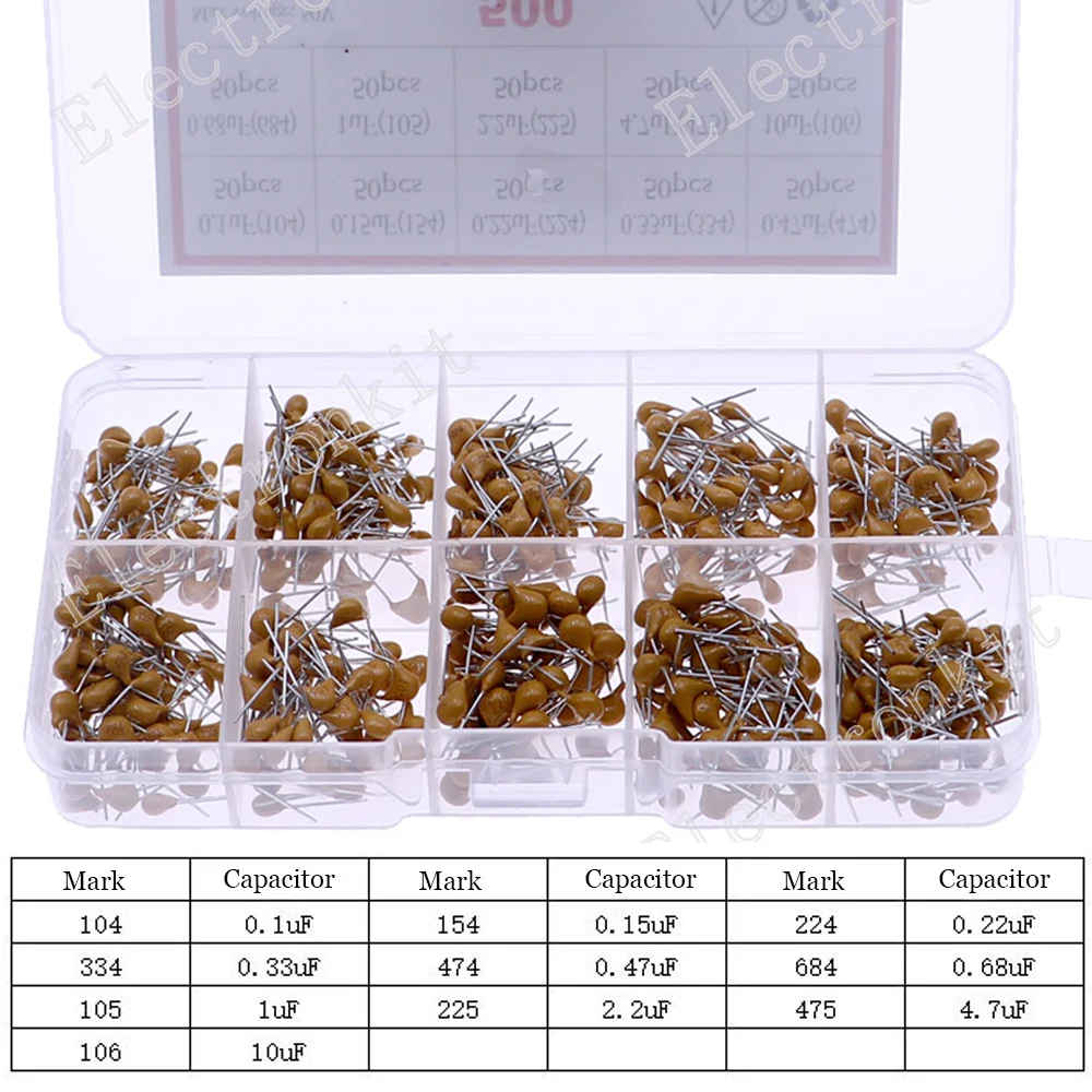 500Pcs 10 Value Monolithic Capacitor Assorted Mixed Box kit 0.1uf 0.15uf 0.22uf  0.33uf  0.47uf 0.68uf 1uf  2.2uf 4.7uf 10uf