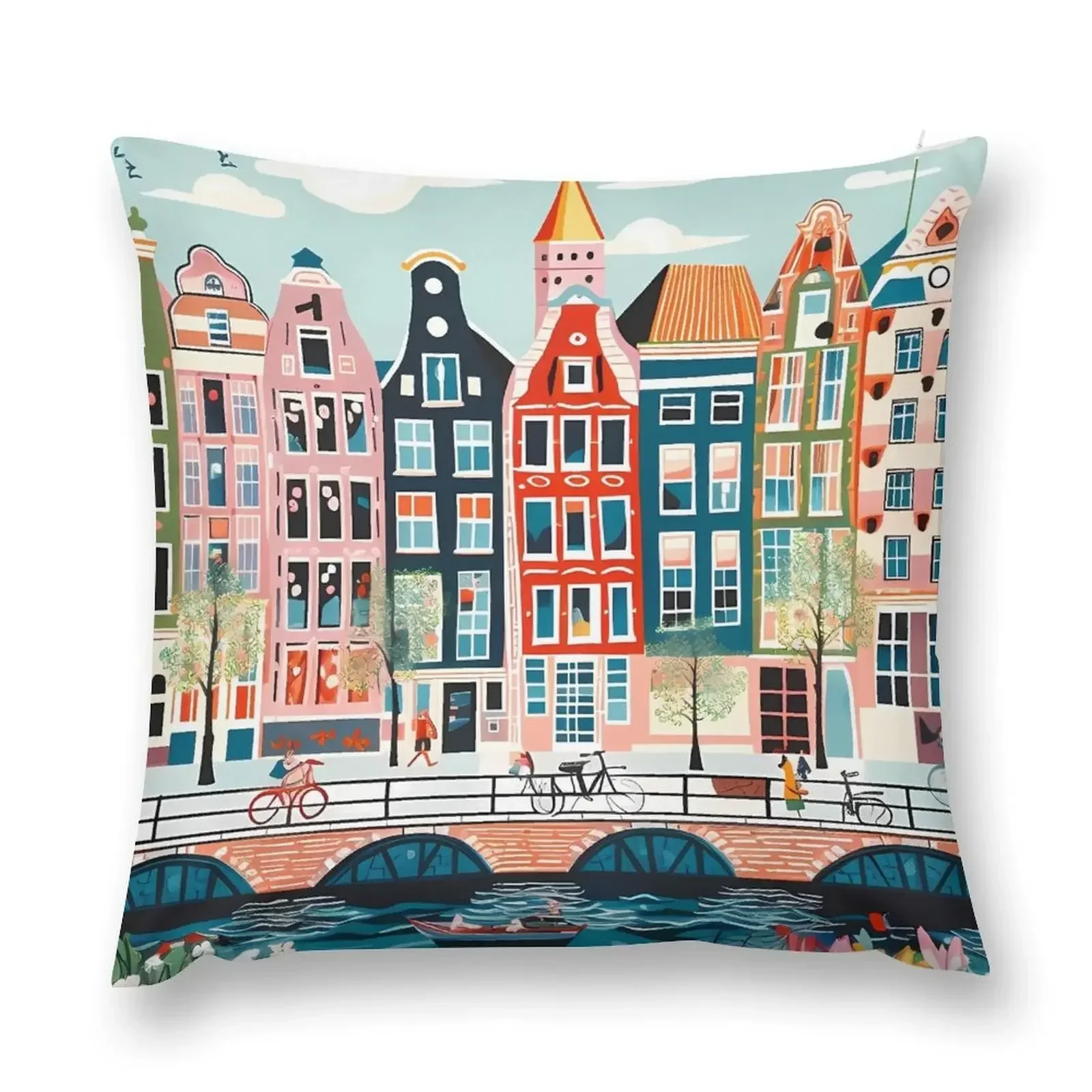 Amsterdam Canal Poster - Colorful Houses and Buildings Illustration Throw Pillow Decorative Cushion Cover pillow