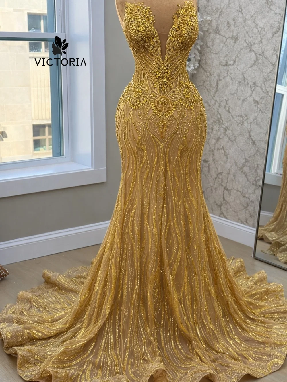 

Luxury Heavy Beaded Gold Mermaid Prom Dress Illusion Sheer Skirt Long Train Formal Evening Gown Customized