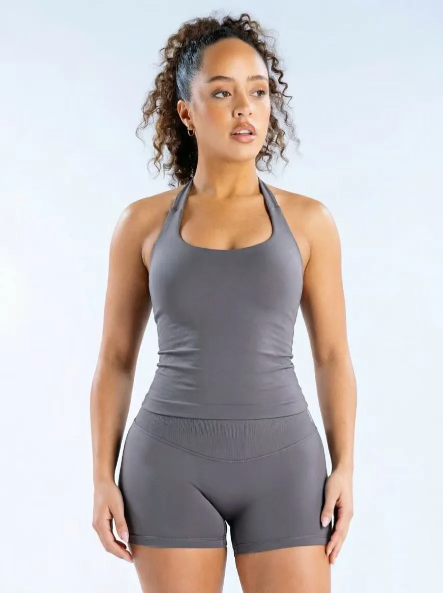 Workout Yoga 2-Teiliges Damen 3-Lagiges Neckholder Sportoutfit, Hochelastisches Nahtloses Gepolstertes Cami-Tanktop & Passende Shorts Set – Detail 11