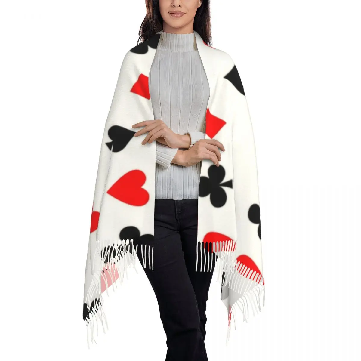 Funny Poker Pattern Scarf Wrap Women Long Winter Warm Tassel Shawl Unisex Card Game Players Scarves