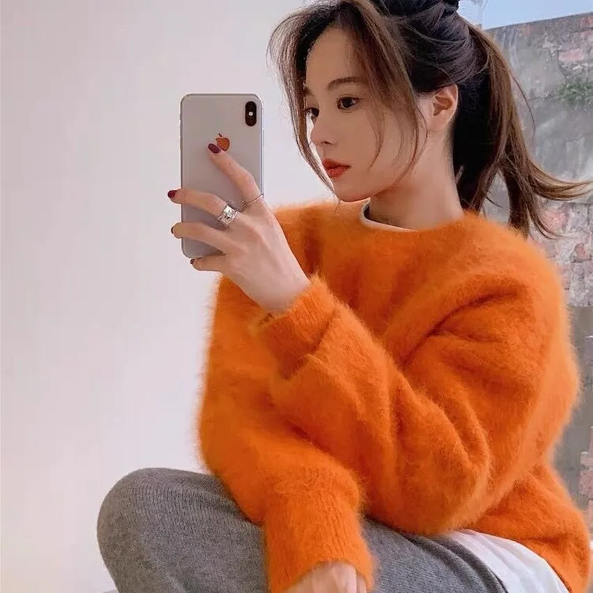 Korean Fashion Autumn Winter Orange Imitation Mink Loose Sweater For Women O Neck Long Sleeve Soft Mohair Knitted Pullover Tops