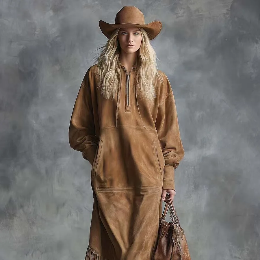 Western Retro Solid Suede Tassel Long Dresses Women Autumn Long Sleeve Zipper Loose Stright Dress Elegant Streetwear Dress
