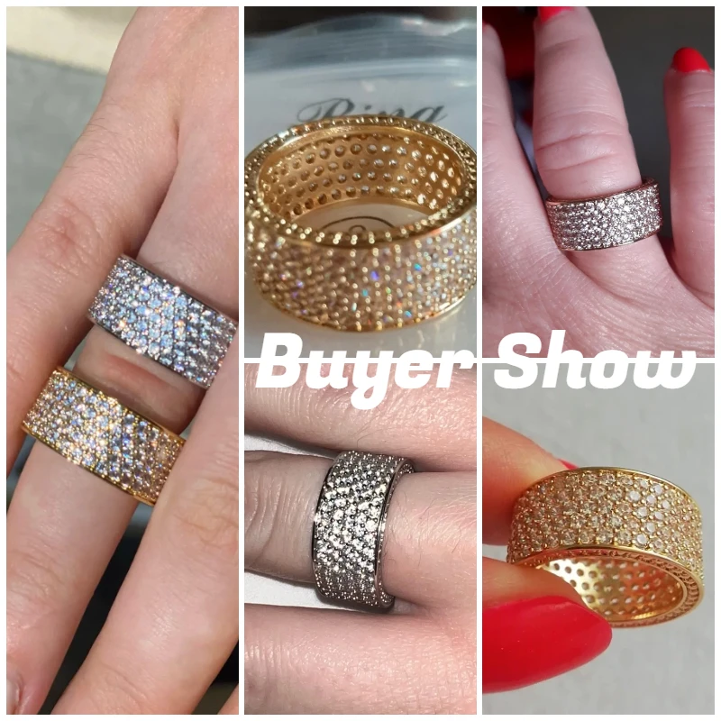 Huitan-Anillos De Compromiso anchos de lujo para mujer, bandas de boda brillantes de CZ pavimentadas, joyería de moda de Color plateado/dorado