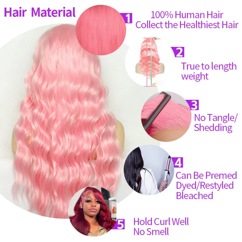 200 densidad rosa claro 13X6 onda del cuerpo hd peluca Frontal de encaje transparente 13X4 onda suelta 100% pelucas de cabello humano de colores para mujeres
