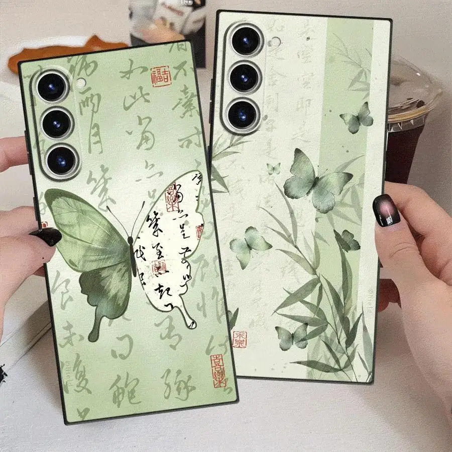 New Chinese Butterfly Document Case for Samsung Galaxy S21 FE S24 Plus S25 Edge S20 S23 Ultra Black Soft Phone Cover