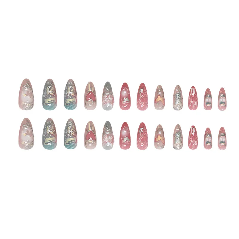 24 piezas uñas postizas metálicas dulces y atrevidas, corazón degradado con baño de plata 3D, almendra de cobertura completa para mujer y niña 5