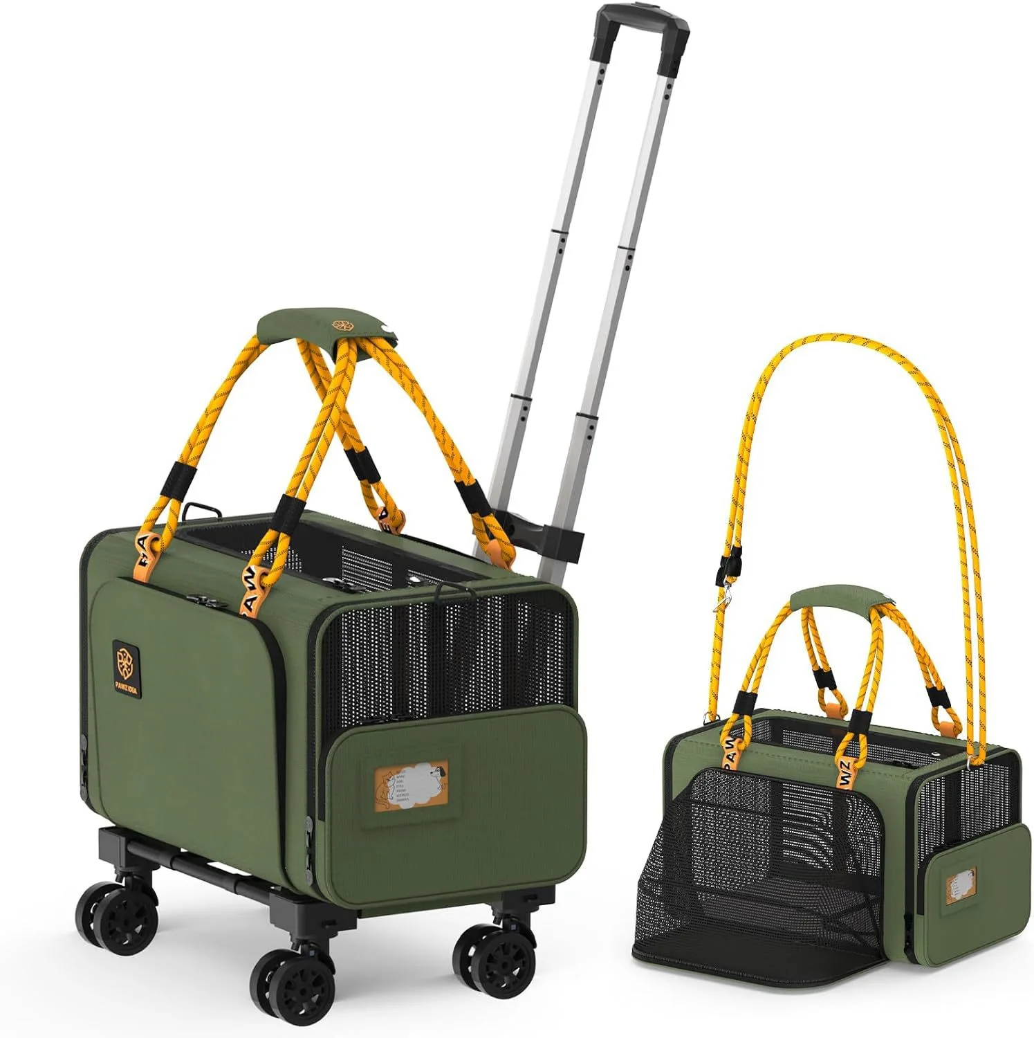 Expandable soft modern pet pouch with wheels that folds and converts into a small dog car seat