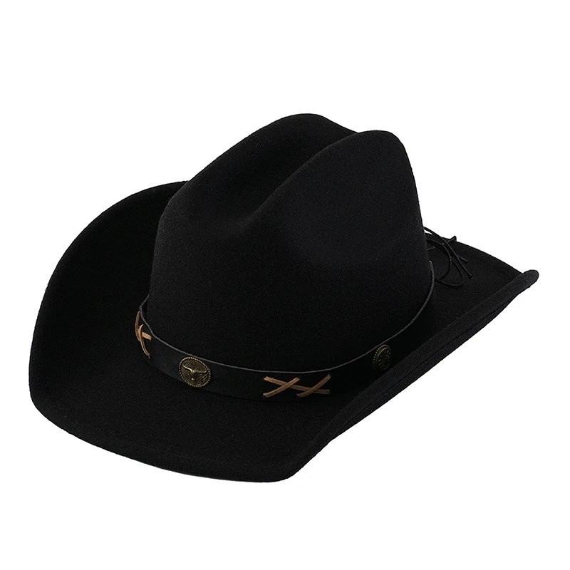 Felt Cowgirl Hats with Copper Bull Scalp Braided Rope Western Style Sombreros for Men Women