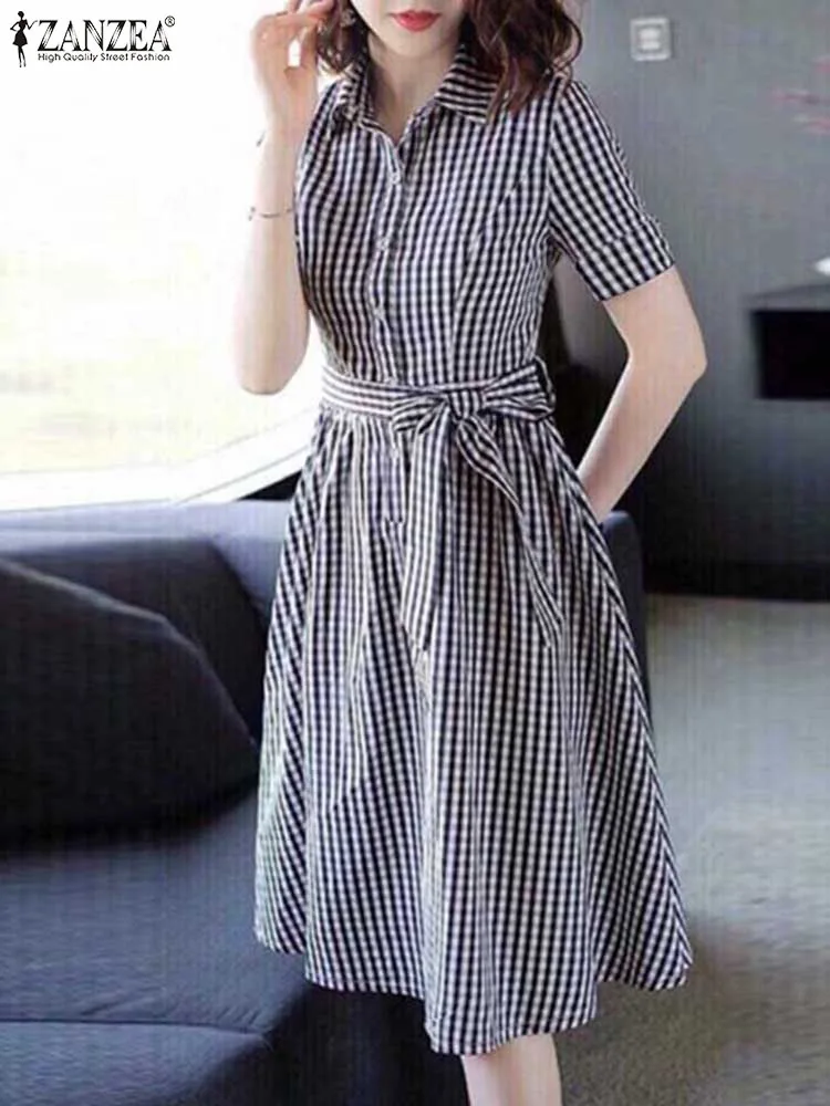 ZANZEA Women Plaid Checked Shirt Dress Fashion Office Commuting Sundress Casual Short Sleeve A-line Belted Dress Oversize Robes