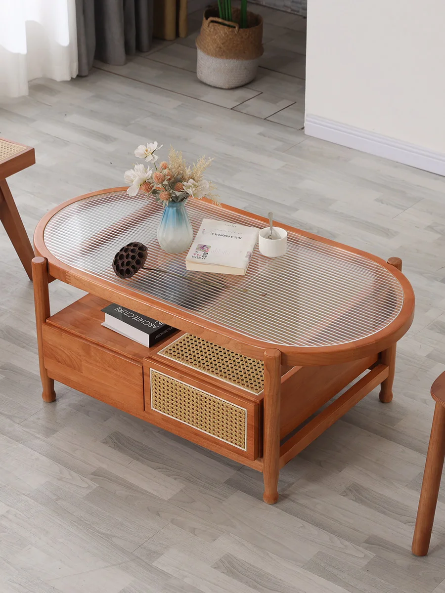 Solid wood rattan coffee table living room household small apartment glass homestay log wabi  drawer double deck table