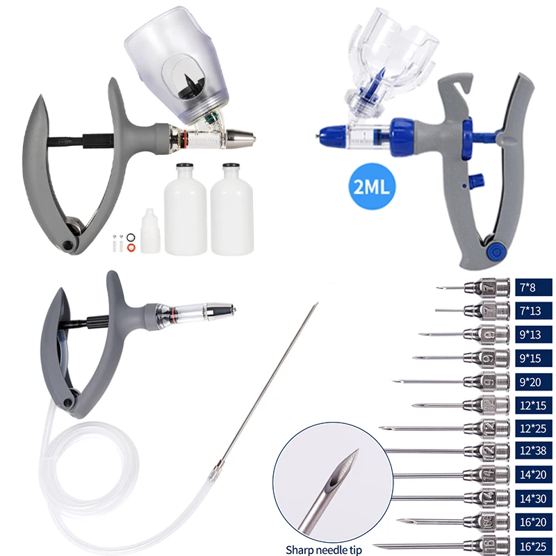 Seringa contínua automática veterinária de 1ml-10ml, injeção de vacina ajustável, 10 peças de agulha para gado, porco, vaca, ovelha, frango