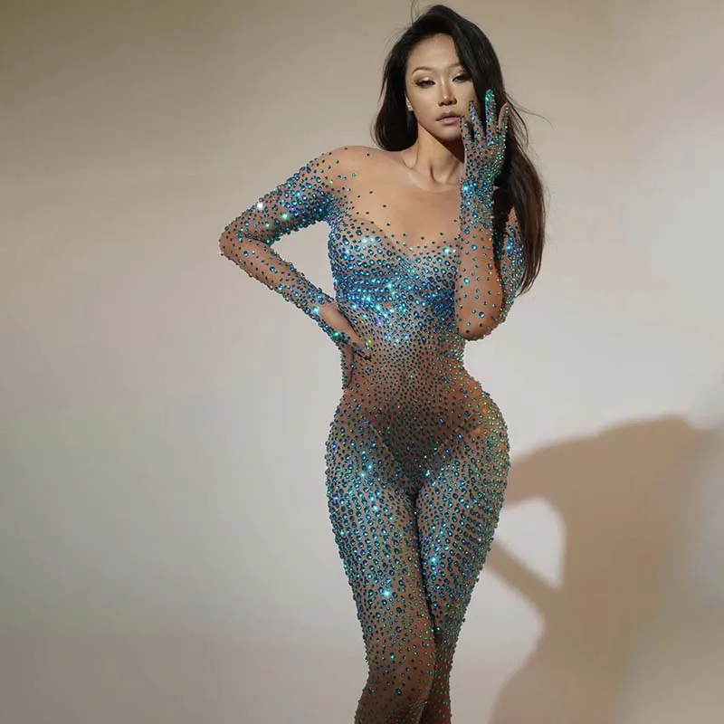 Nigtclub Bar Outfit Blue Rhinestones Transparent Bodysuit Women Gogo Dancer Clothing Festival Party Drag Queen Costume VDL1774