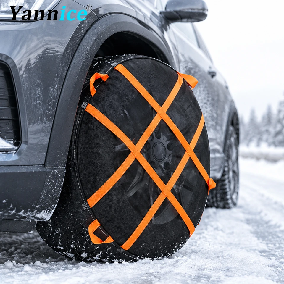 Universal Car SUV Truck Tire Snow Socks Heavy Duty Fabric Winter Anti-Skid Chains Adjustable Orange Straps Emergency Traction