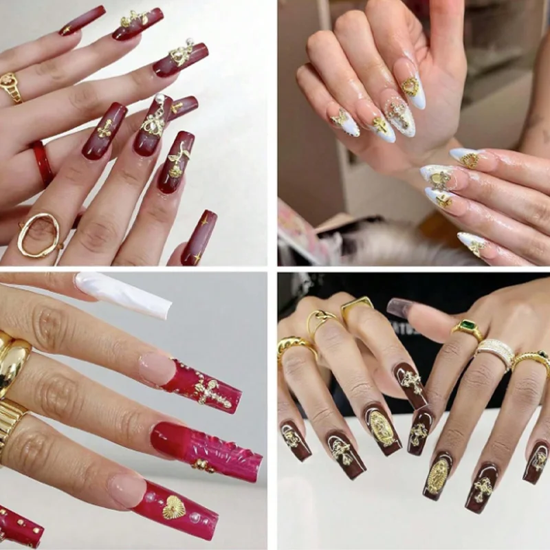 Zestaw złotych ozdób do paznokci 72 szt. ze złotym krzyżem, sercami, różą i Matką Boską - chromowane ozdoby do paznokci 3D Y2K