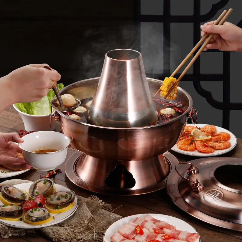 

Discount! Thickened Stainless Steel Charcoal Chinese Copper Hot Pot Old Beijing Style Cookware Set