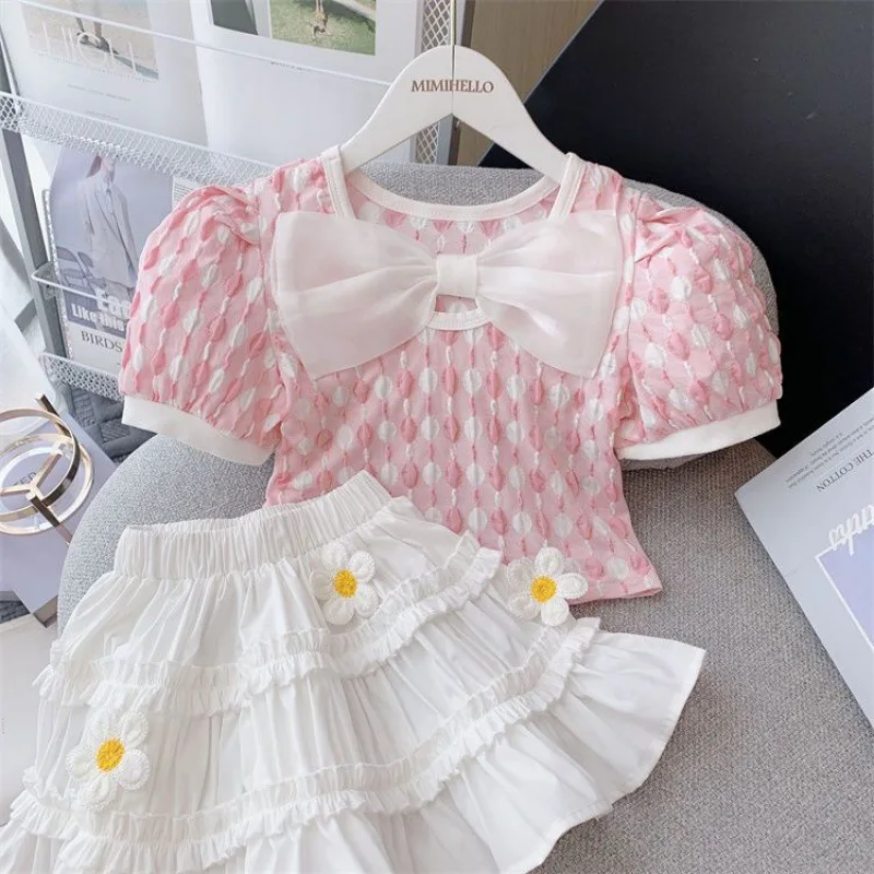 

Girls suit foreign summer children's Internet celebrity bow shirt short skirt two-piece girl fashionable