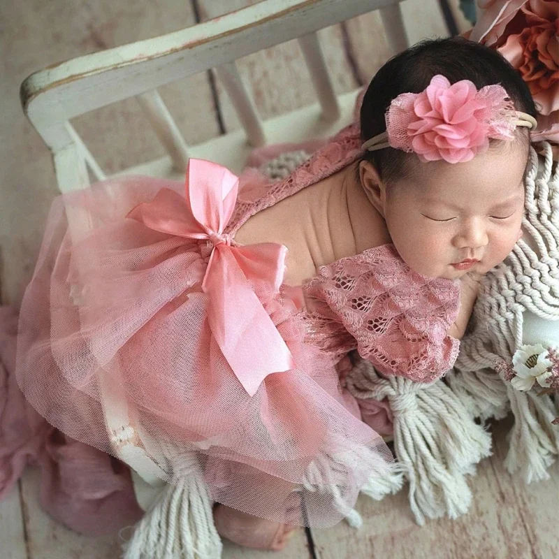 

Newborn Photoshoots Set Lace Romper Dress Bowknot Headband Photo Props Girl Photo Costume Infant Photography Suit 2PCS