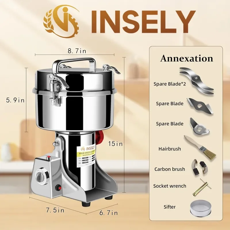 Grain Mill Grinder 2000g High Speed Food Grain Mill Stainless Steel Seeds Flour Nut Wheat Corn Spices Seasonings Dry Grinder