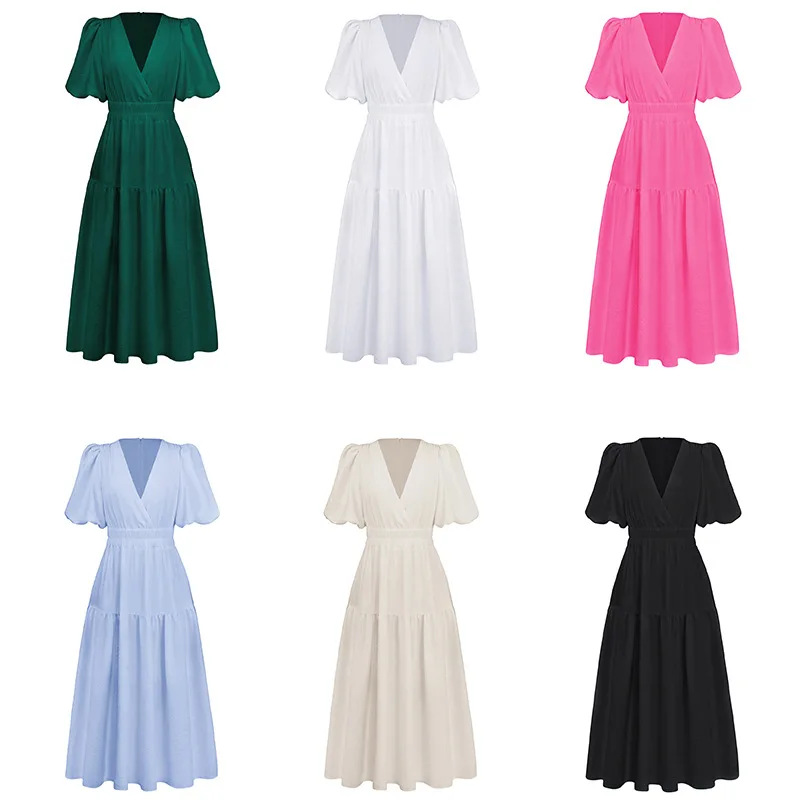 

Summer New High-End Deep V Bubble Sleeve Vacation Dress For Women