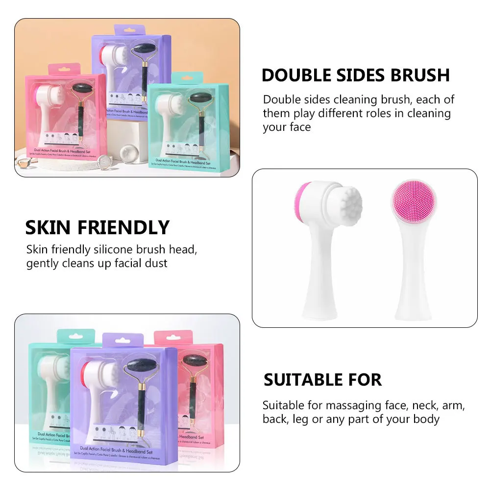 2-teiliges Jade-Roller-Massage-Set mit Doppelseitiger Gesichtsreinigungsbürste, Manueller Gesichtsmassager und Hautpflege-Massagegerät