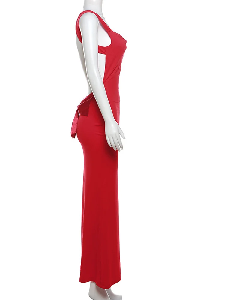 Beyprern Women's Sleeveless Red Bandage Bodycon Maxi Dress Square Neck Stretchy Formal Backless Evening Party Gown