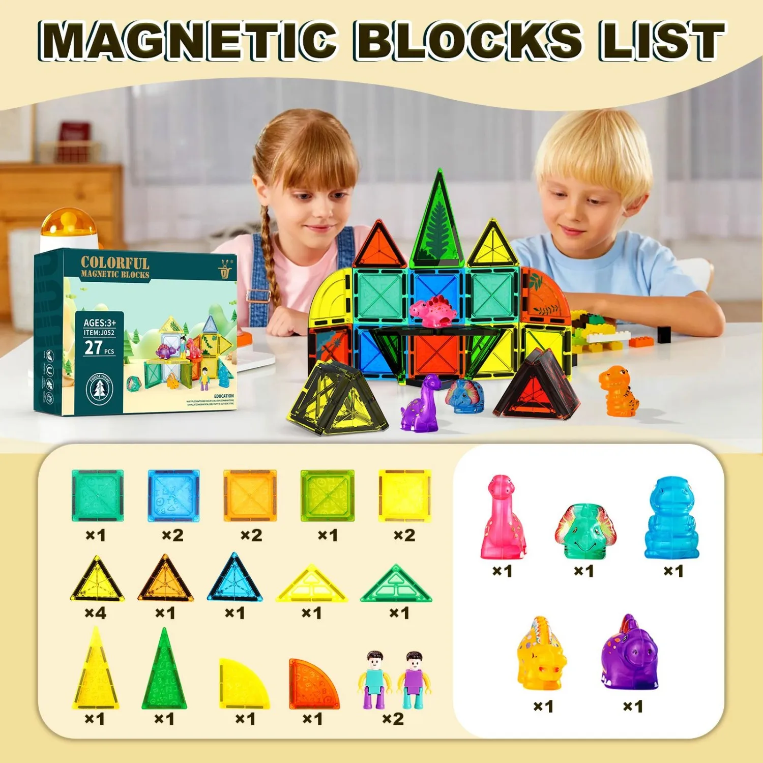 27/55 Dinossauros Deluxe Telhas Magnéticas |   Blocos de construção de diamante 3D |   Brinquedos educativos STEM para meninos e meninas de mais de 3 anos |   Dinossauro para