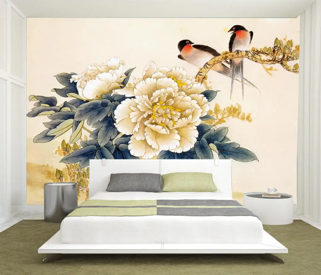 Customized Wallpaper Silk Pearl Flower Mural Home Decoration Blue HD Peony Flower Decoration Painting 3D Wallpaper Murals