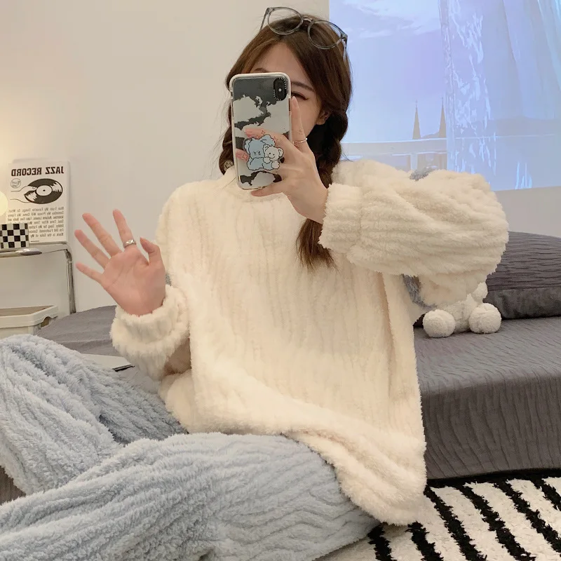 Plus-velvet Pajama Sets Women Warm Winter Loose Leisure Gentle Soft Pulpy Girls Simple All-match Basic Thicken Sleepwear 2023