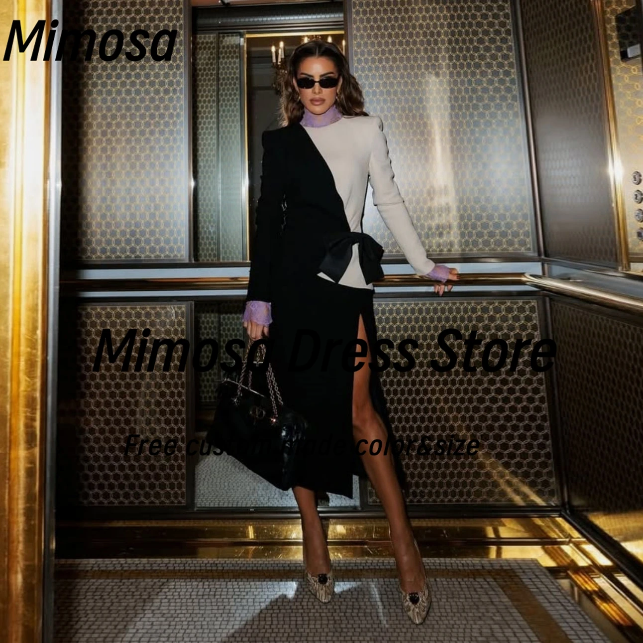 Mimosa O-Collo Abiti da ballo Maniche lunghe Abito da sera in colore a contrasto Spacco laterale Lunghezza tè Abiti da festa formali Personalizzati