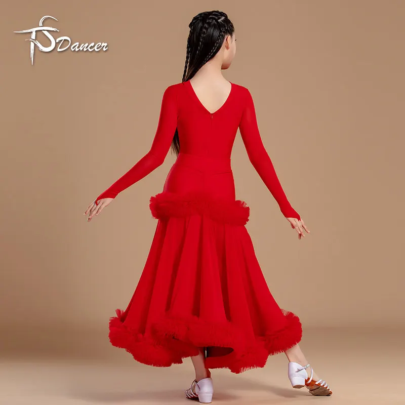 Nova saia de desempenho de menina latina vermelha competição de dança social mostrar saia de desempenho manga longa saia de dança moderna