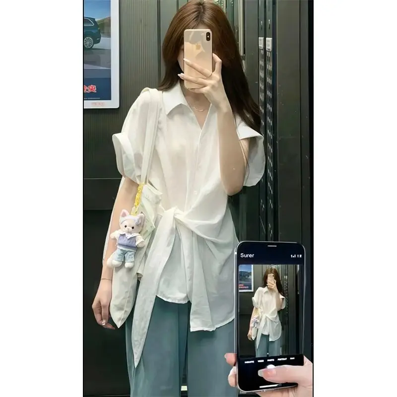 

Summer Casual Korean Fashion Loose Buttons Single Breasted Short Sleeve Solid Color Bright Easy Close to the People Wild Popular