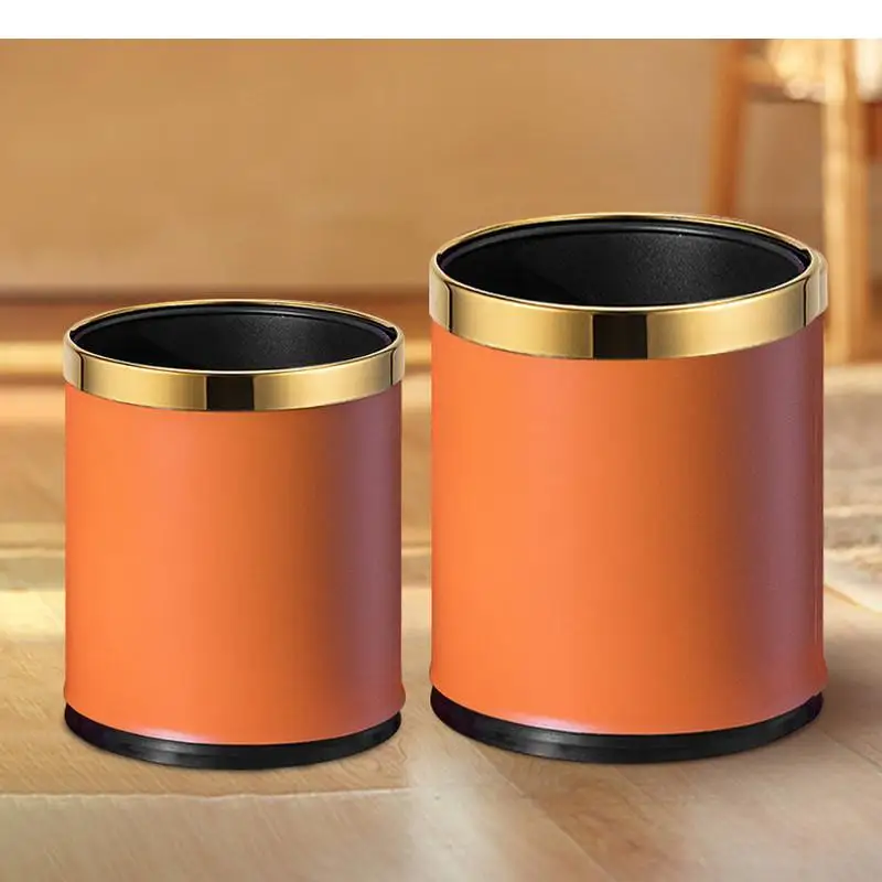 Metal Leather Trash Can Double Layer Round Garbage Without Cover Bin Storage Bucket Wastebasket Waste Bins