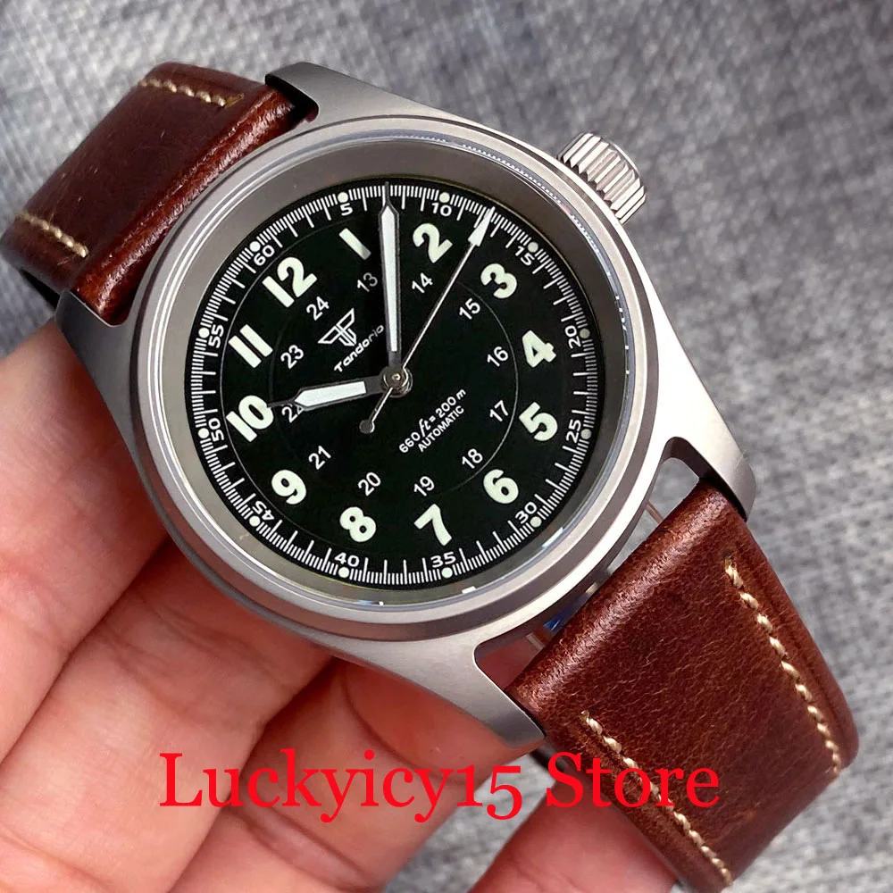 36mm Pilot Titanium Case Tandorio 200m Waterproof Black/Green/Sliver/Blue Dial Lume Automatic NH35 PT5000 Men Watch Leather Band