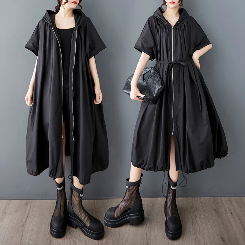 

Свободная оверсайз-куртка с капюшоном на молнии, в стиле пэчворк, винтажная, для повседневной носки, из полиэстера, с коротким рукавом