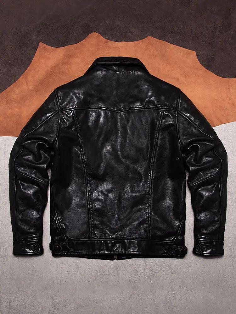 Vintage Men Cowhide Genuine Leather Jacket Lapel Collar Zipper Slim Fit Multi Pockets Coat Motorcycle Biker Windproof Jacket 6XL