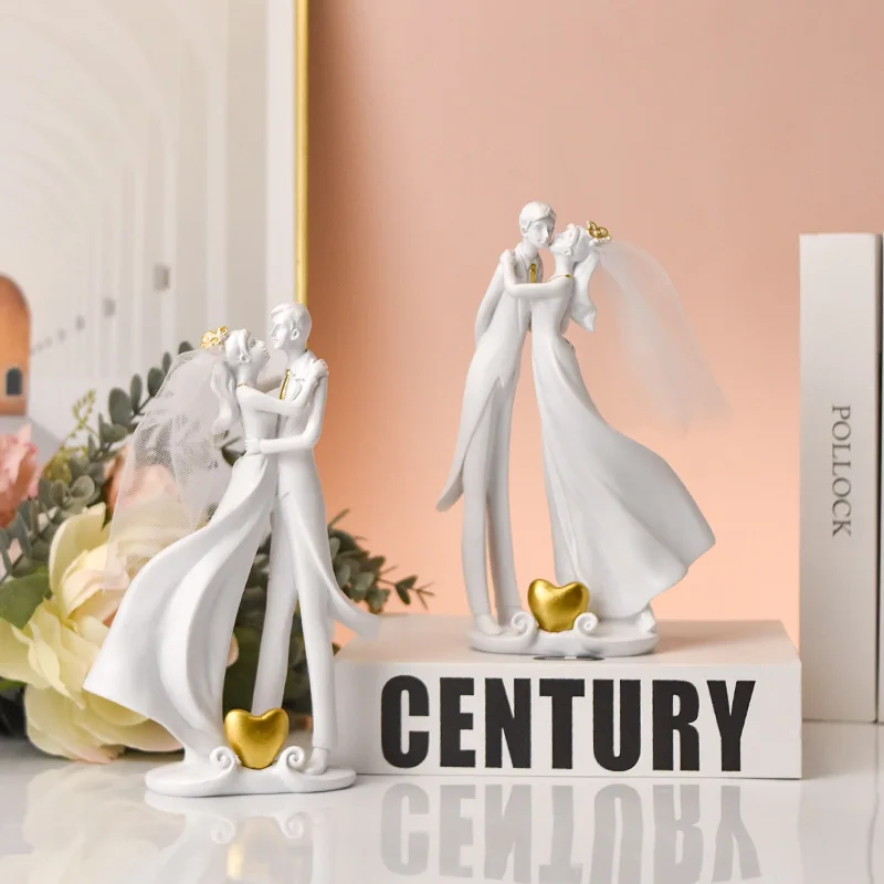 Nordic European Wedding Groom Bride Figurines White Valentine's Day Ornament Decorative Couple Lover Statue Home Bedroom Desktop