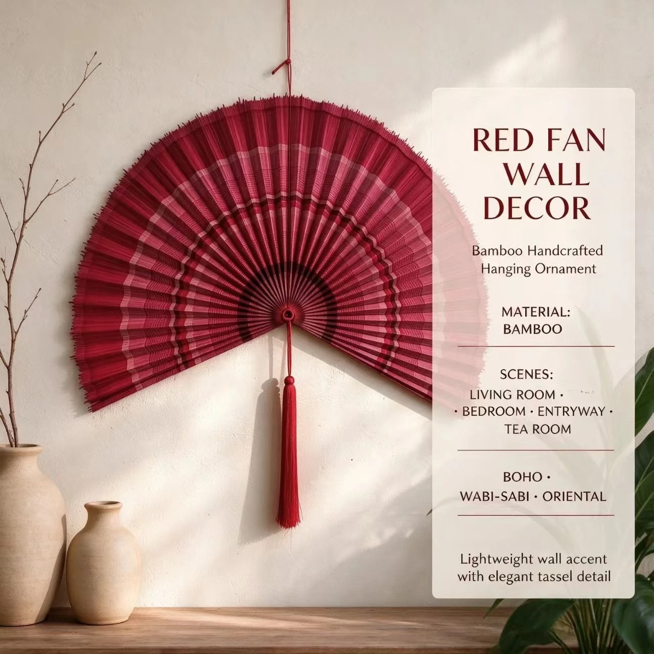 `Handcrafted Bamboo Wall Fan Hanging Decor, Large Oriental Boho Wall Art with Tassel, Woven Fan Ornament for Home Living Room