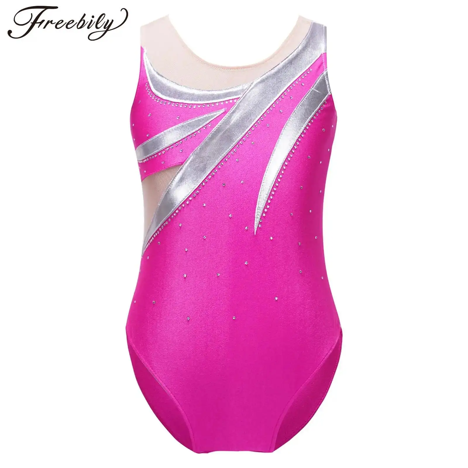 Kids Girls Ballet Gymnastic Skating Dance Acrobatics Leotard Sleeveless Shiny Rhinestone Sheer Mesh Bodysuit Dancewear Swimwear