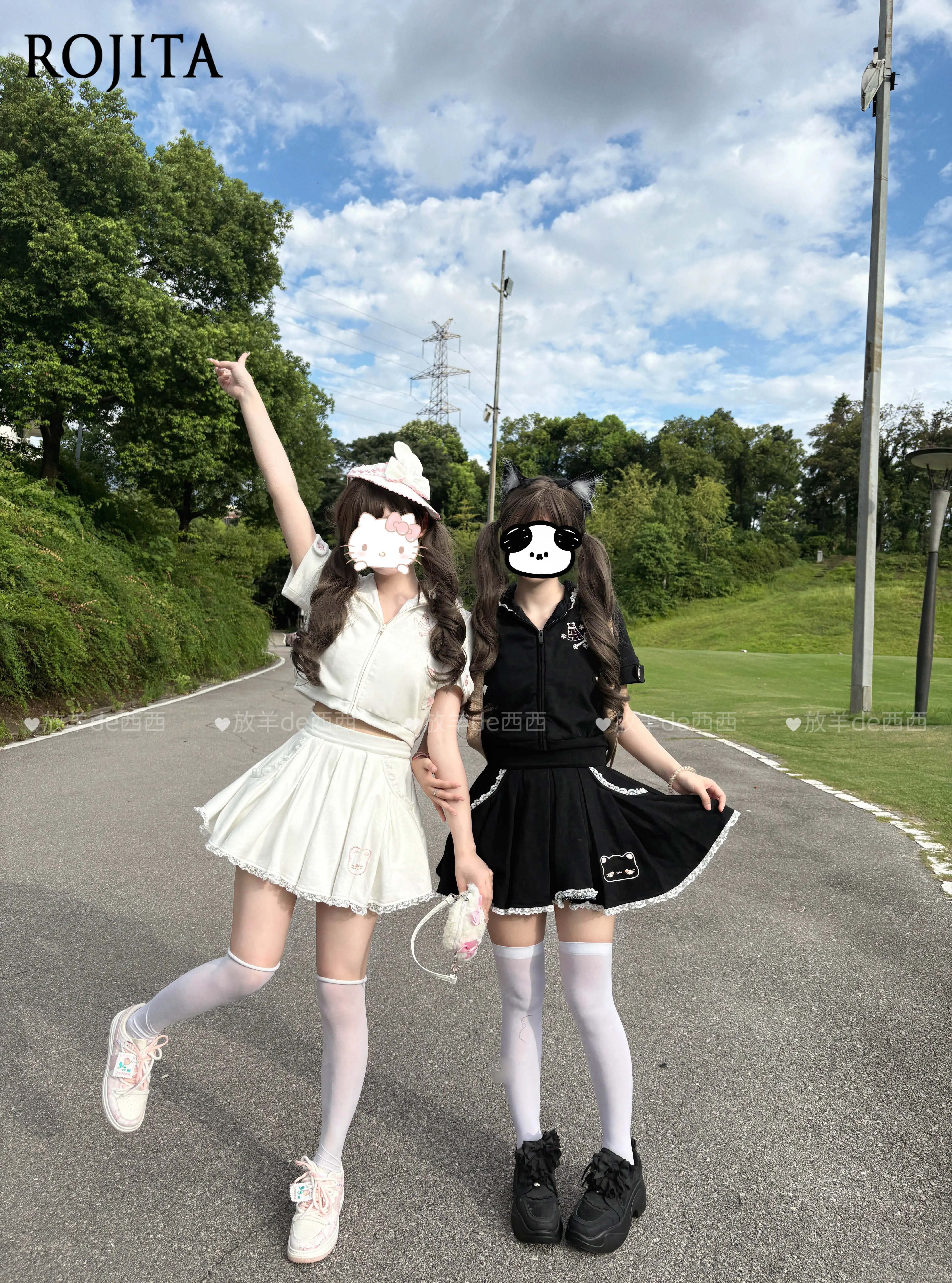 Kawaii Cat Embroidery Hooded Lolita Set Lace Trim Cat Ear Hoodie Skirt Outfit Original Soft Girl Suit Cute Sportswear