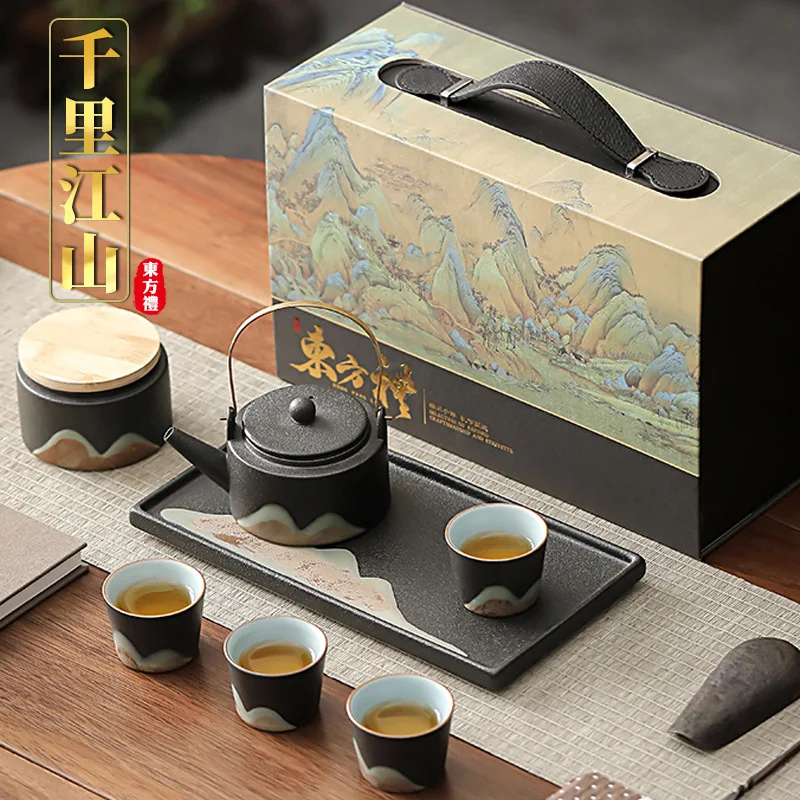 Thousand-Li Landscape Tea Set Suit Full Set Household Japanese Style Teapot Suit Porcelain Kung Fu Tea Set Full Set Gift Box